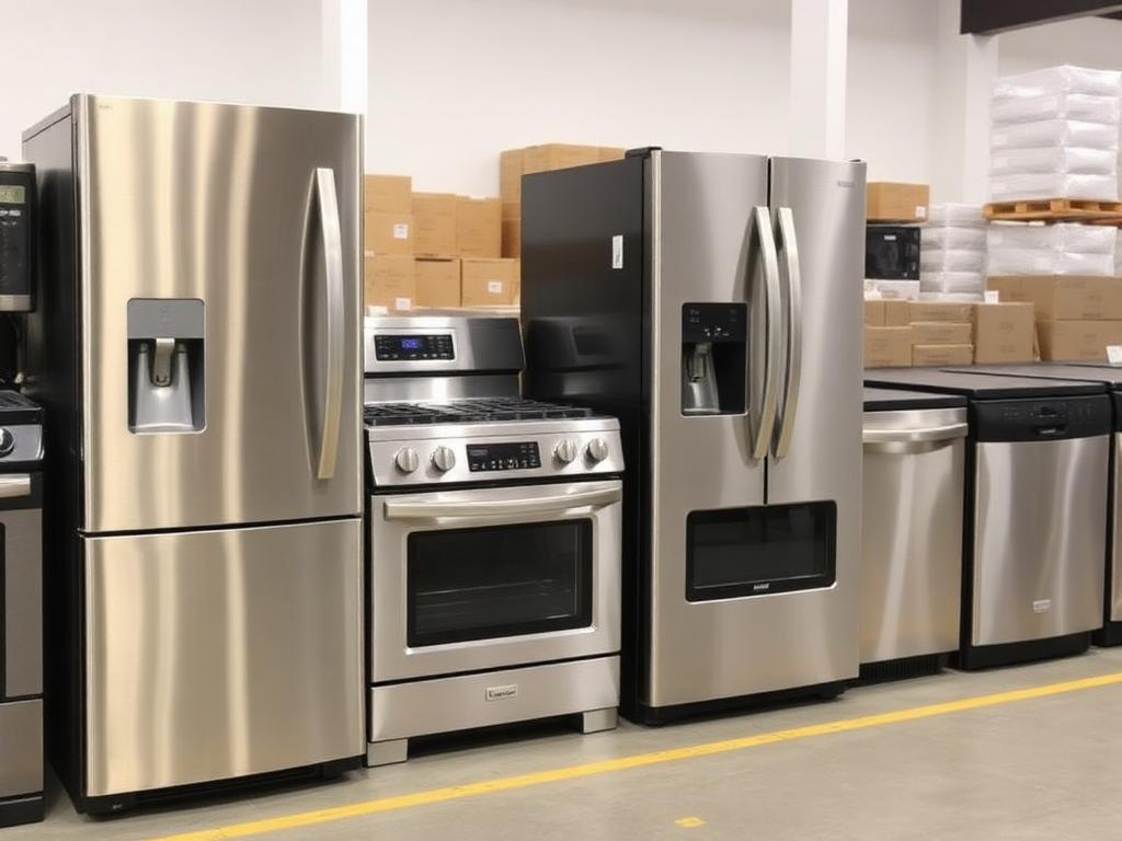 Refrigerators, ranges and dishwashers lined up in the Bellingham warehouse